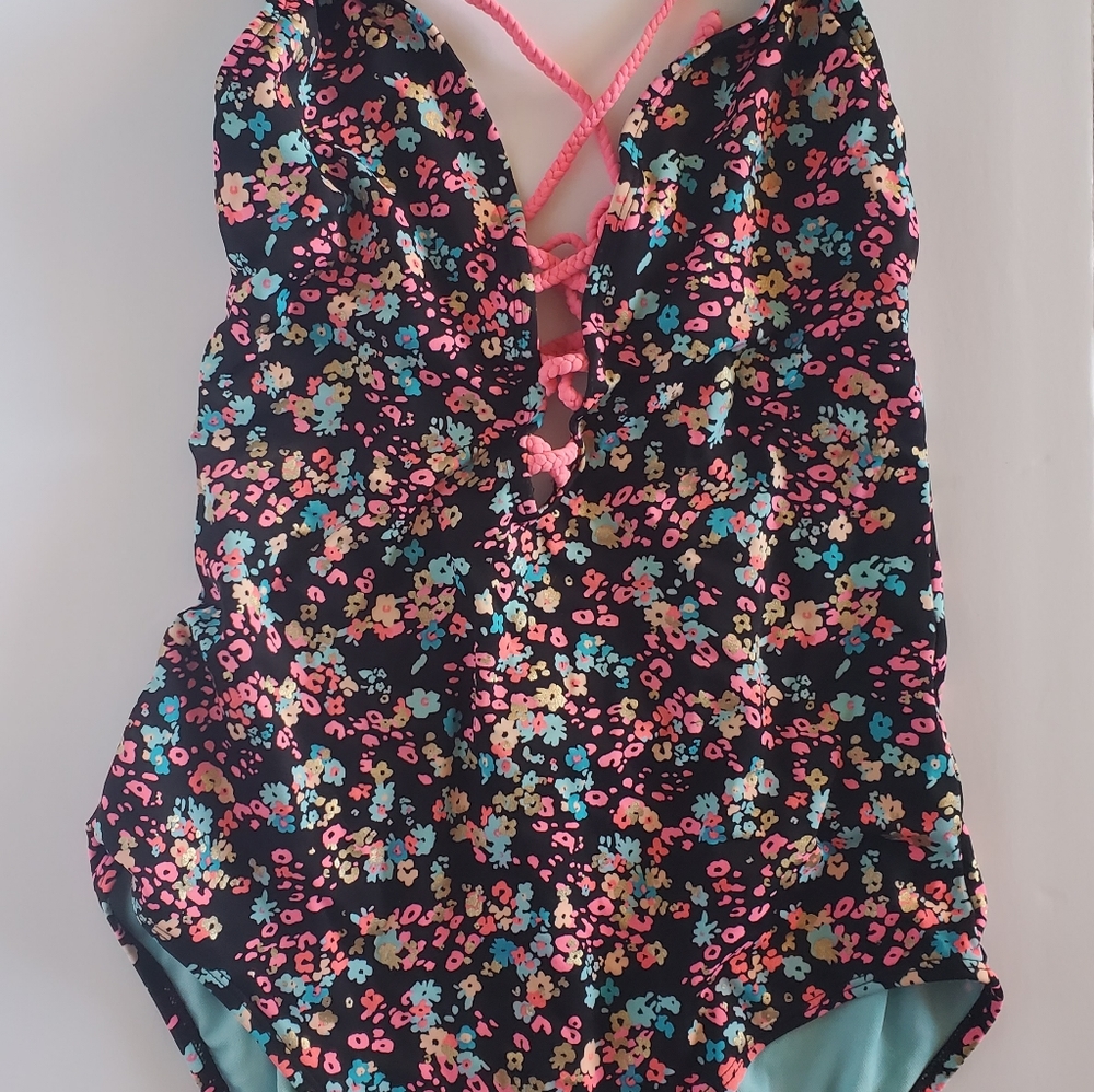 Joe boxer Neon Floral Black Tie Front Summer One Piece Womans Bathing Suit Large - Picture 3 of 6